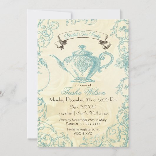 Aqua Ivory Rozen  Bridal Tea Uitnodiging (Voorkant)