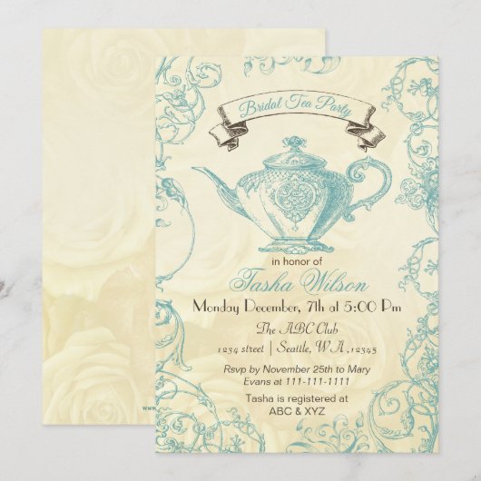 Aqua Ivory Rozen  Bridal Tea Uitnodiging (Voorkant / Achterkant)