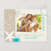 Aqua Ivory Tan Beach bruiloft Photo Save the Date Aankondigingskaart (Voorkant)