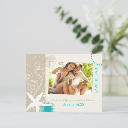Aqua Ivory Tan Beach bruiloft Photo Save the Date Aankondigingskaart (Staand voorkant)