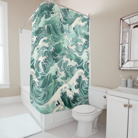 Aqua Japanese Ocean Waves Sea Pattern Douchegordijn (In situ)