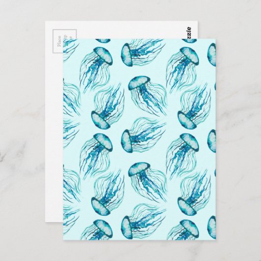 Aqua Jellyfish Waterverf Pattern Briefkaart (Voorkant / Achterkant)