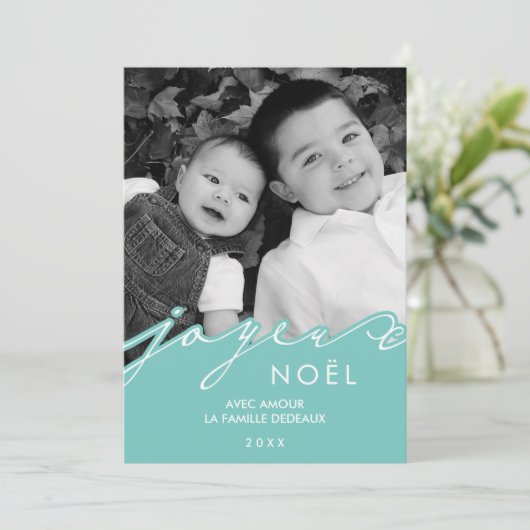 Aqua Joyeux Noël Foto Feestdagenkaart (Staand voorkant)
