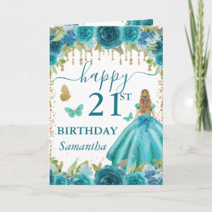 Aqua Jurk Blondharige Prinses Verjaardag Kaart