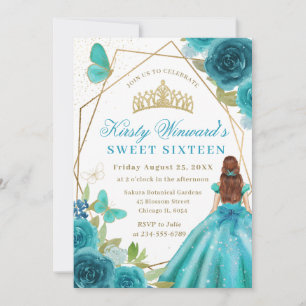 Aqua Jurk Roodharige Vrouw Bloemen Sweet 16 Kaart