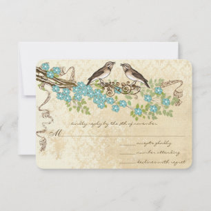 Aqua Kersenbloesem Vintage Vogel Bruiloften RSVP Kaartje