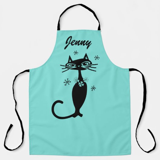 Aqua keuken schort met retro atomaire kat (Voorkant)