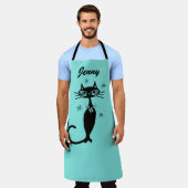 Aqua keuken schort met retro atomaire kat (Gedragen)