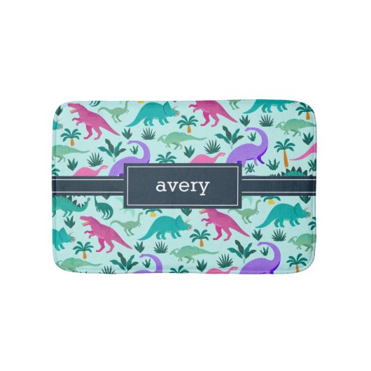 Aqua | Kinder naam van het kleurrijke dinosauruspa Badmat (Voorkant)