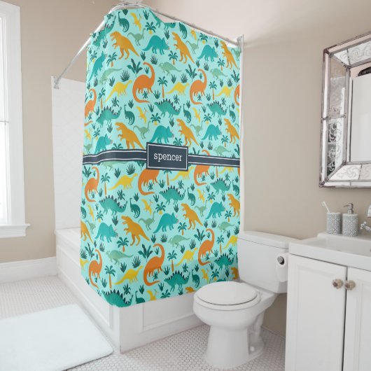 Aqua | Kinder naam van het kleurrijke dinosauruspa Douchegordijn (In situ)
