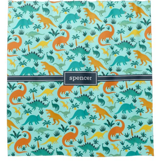 Aqua | Kinder naam van het kleurrijke dinosauruspa Douchegordijn (Voorkant)