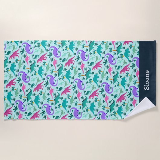Aqua | Kinder naam van het kleurrijke dinosauruspa Strandlaken (Voorkant)