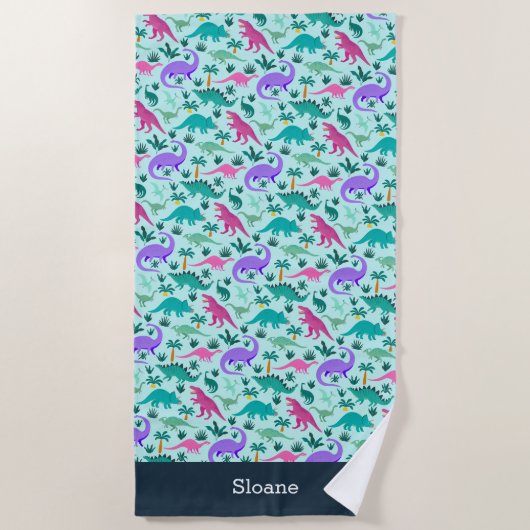 Aqua | Kinder naam van het kleurrijke dinosauruspa Strandlaken (Voorkant)
