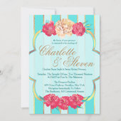 Aqua, Koraal en Goud, Bloemen, Uitnodigingen voor  (Voorkant)