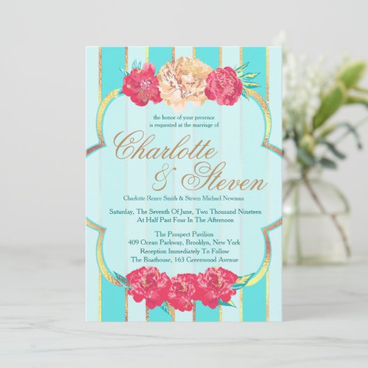 Aqua, Koraal en Goud, Bloemen, Uitnodigingen voor  (Staand voorkant)