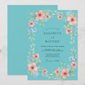 Aqua Koraal Wilde Bloemen Bruiloft Kaart (Voorkant / Achterkant)