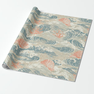 Aqua Kust Zeeschelp Zeester Golf Patroon Cadeaupapier