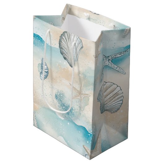Aqua Kustschelpen & Glinsterende Zeester (3) Medium Cadeauzakje (Voorkant Gekanteld)