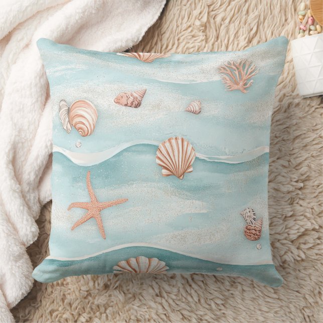 Aqua Kustschelpen & Glinsterende Zeester (4) Kussen (Deken)