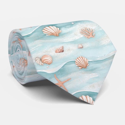 Aqua Kustschelpen & Glinsterende Zeester (4) Stropdas (Opgerold)