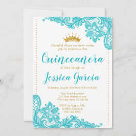 Aqua Lace en Glitter Gold Princess Quinceañera Kaart