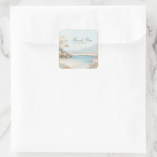 Aqua Lake Pastel Landscape Wildflower Gold Frame Vierkante Sticker (Tas)