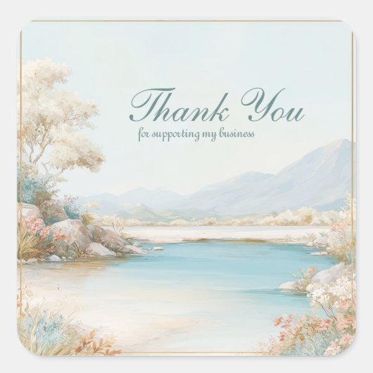 Aqua Lake Pastel Landscape Wildflower Gold Frame Vierkante Sticker (Voorkant)
