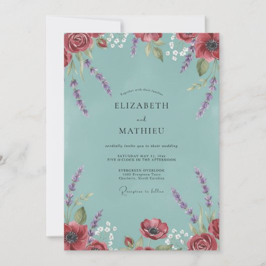 Aqua Lavendel Wilde Bloemen Bruiloft Kaart (Voorkant)