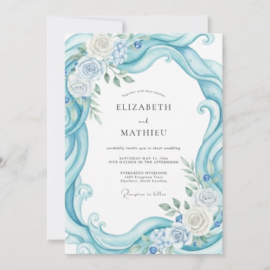 Aqua Leaf Swirl Bruiloft Kaart (Voorkant)
