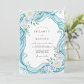 Aqua Leaf Swirl Bruiloft Kaart (Staand voorkant)