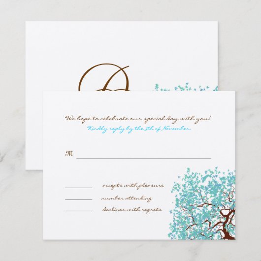 Aqua Leaves Brown Tree Monogram Response Kaart (Voorkant / Achterkant)