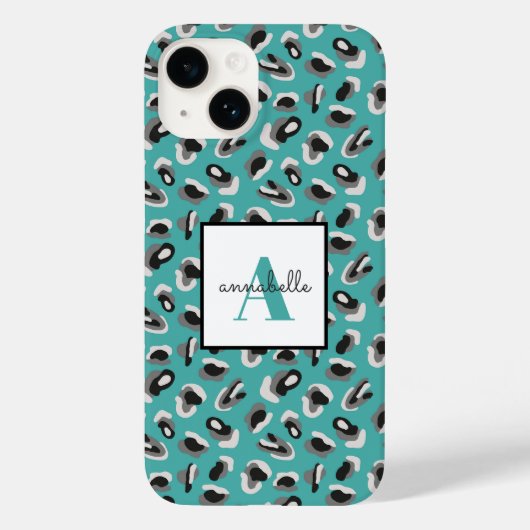 Aqua Leopard Print Gepersonaliseerd Monogram Case-Mate iPhone Case (Achterkant)