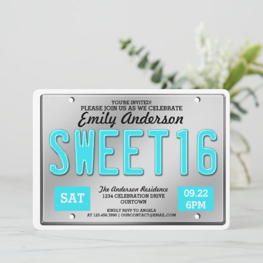 Aqua Licence Bord Sweet 16 Party Invitations Kaart (Staand voorkant)