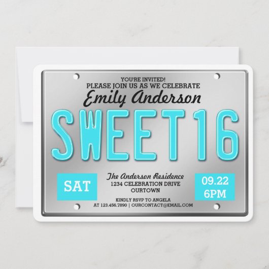 Aqua Licence Bord Sweet 16 Party Invitations Kaart (Voorkant)