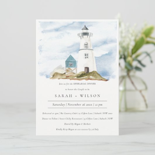 Aqua Lighthouse Mountain Rehearsal Dinner Invite Bedankkaart (Staand voorkant)