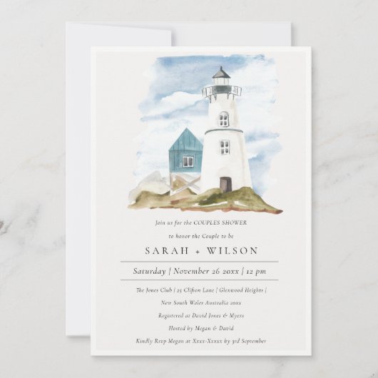 Aqua Lighthouse Mountains Couples Shower Invite Bedankkaart (Voorkant)