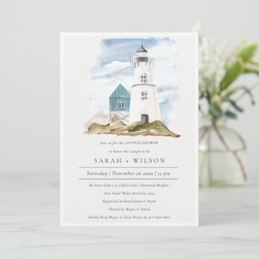 Aqua Lighthouse Mountains Couples Shower Invite Bedankkaart (Staand voorkant)