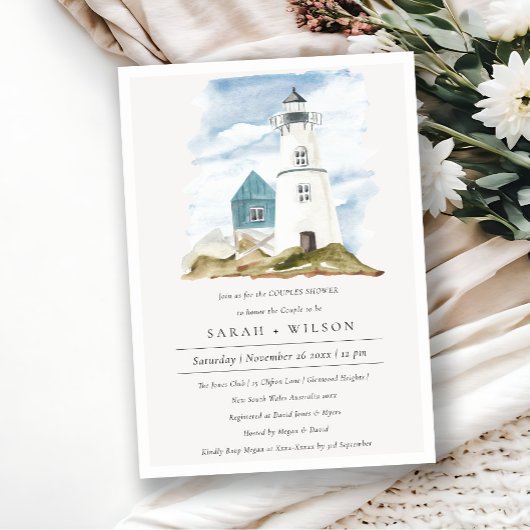 Aqua Lighthouse Mountains Couples Shower Invite Bedankkaart