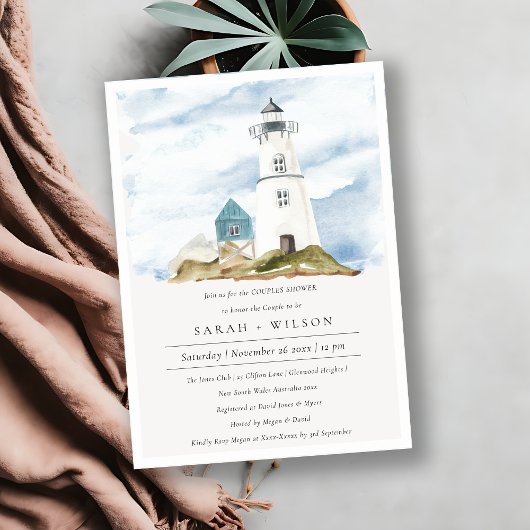 Aqua Lighthouse Mountains Couples Shower Invite Bedankkaart