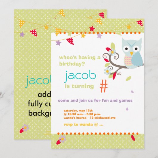 Aqua/Limoen Owl Aangepaste verjaardag Kaart (Voorkant / Achterkant)