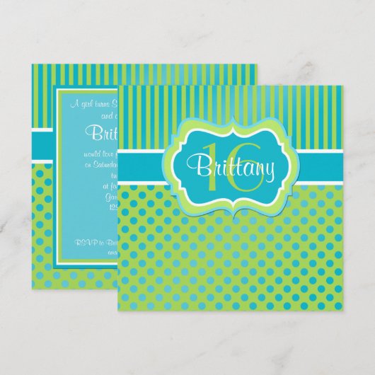 Aqua, Limoen Polka Dot Zestiende verjaardag Uitnod Kaart (Voorkant / Achterkant)
