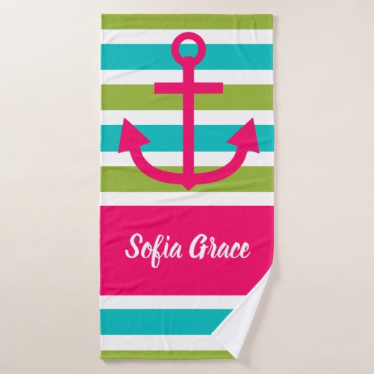 Aqua Limoen Stripes Roze Anchor Aangepaste handdoe Badhanddoek (Badhanddoek)