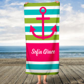 Aqua Limoen Stripes Roze Anchor Aangepaste handdoe Badhanddoek