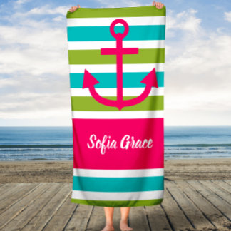 Aqua Limoen Stripes Roze Anchor Aangepaste handdoe Badhanddoek