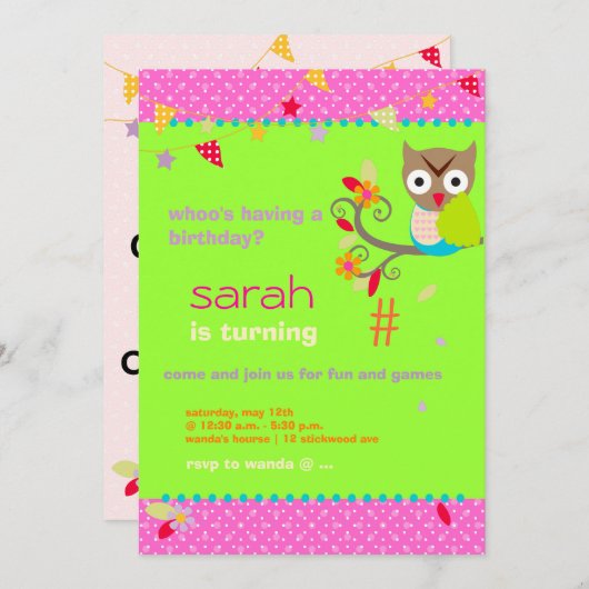 Aqua/Limoen Uil Gepersonaliseerd Verjaardagsfeest Kaart (Voorkant / Achterkant)