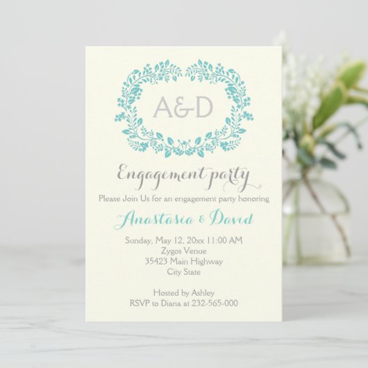 Aqua loof initialen bruiloft verlovingsfeest kaart (Staand voorkant)