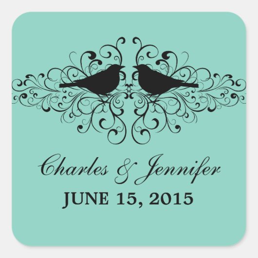 Aqua Love Bird Swirls Wedding Stickers (Voorkant)