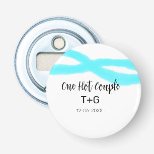 Aqua luchtblauwe pastel één heet koppel voeg naam  button flesopener