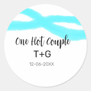 Aqua luchtblauwe pastel één heet koppel voeg naam ronde sticker