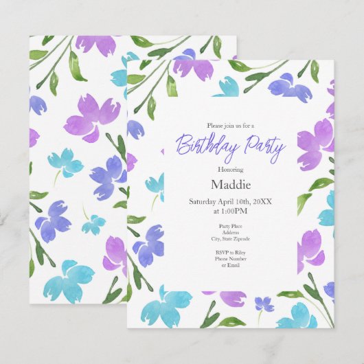 Aqua, maagdenpalm, Paarse Waterverf bloemstelen Kaart (Voorkant / Achterkant)